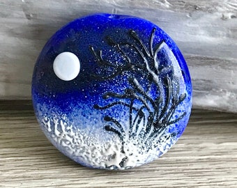 Landscape winter night Handmade lampwork  glass lentille bead