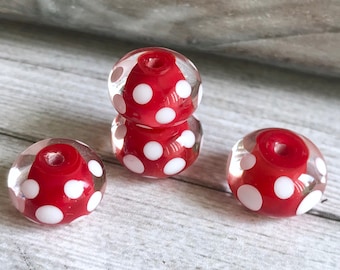 2+ pcs  Red White Polka Dot Beads, Polka Dot Beads, White Polka Dot Lampwork Beads, Red  or pink or orange Dotted Beads