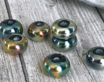 Iris Metallic Lampwork Glass Spacer Beads, Handmade Gunmetal Black (6x10 mm)