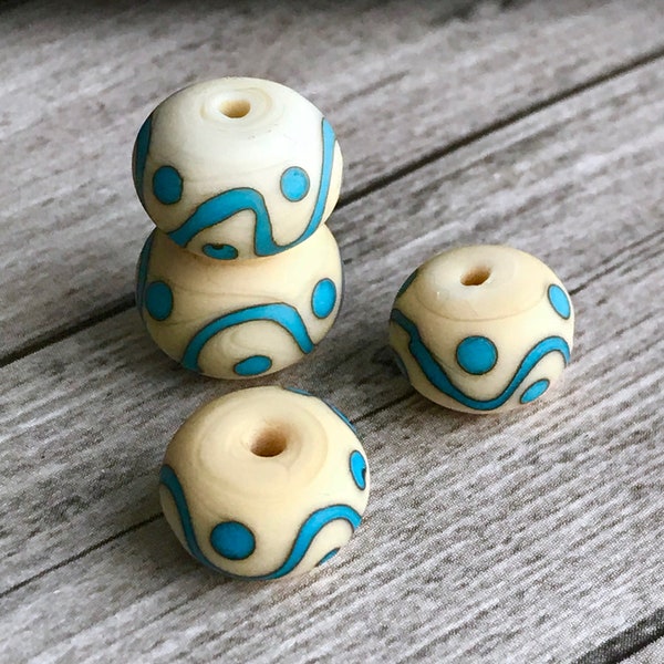 2+ Ivory blue handmade lampwork glass beads about 10 x 14-15 mm