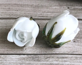 White Rose Bud Lampwork Glass Bead, Handmade