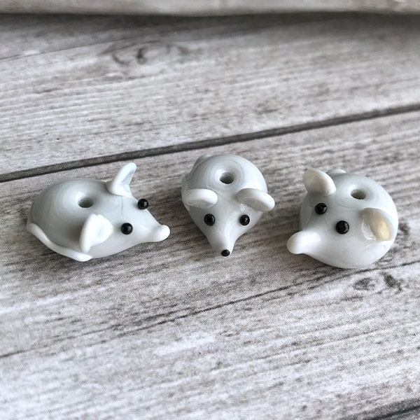 2+ pcs Mouse glass lampwork beads, grey  small mousy, miniature glass animals, rat bead, сute small mouse tail beast beads