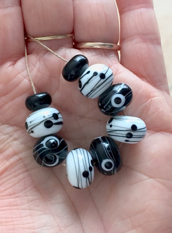 White Black Set Beads Handmade Lampwork Glass Bead Set 9 Beads Etsy