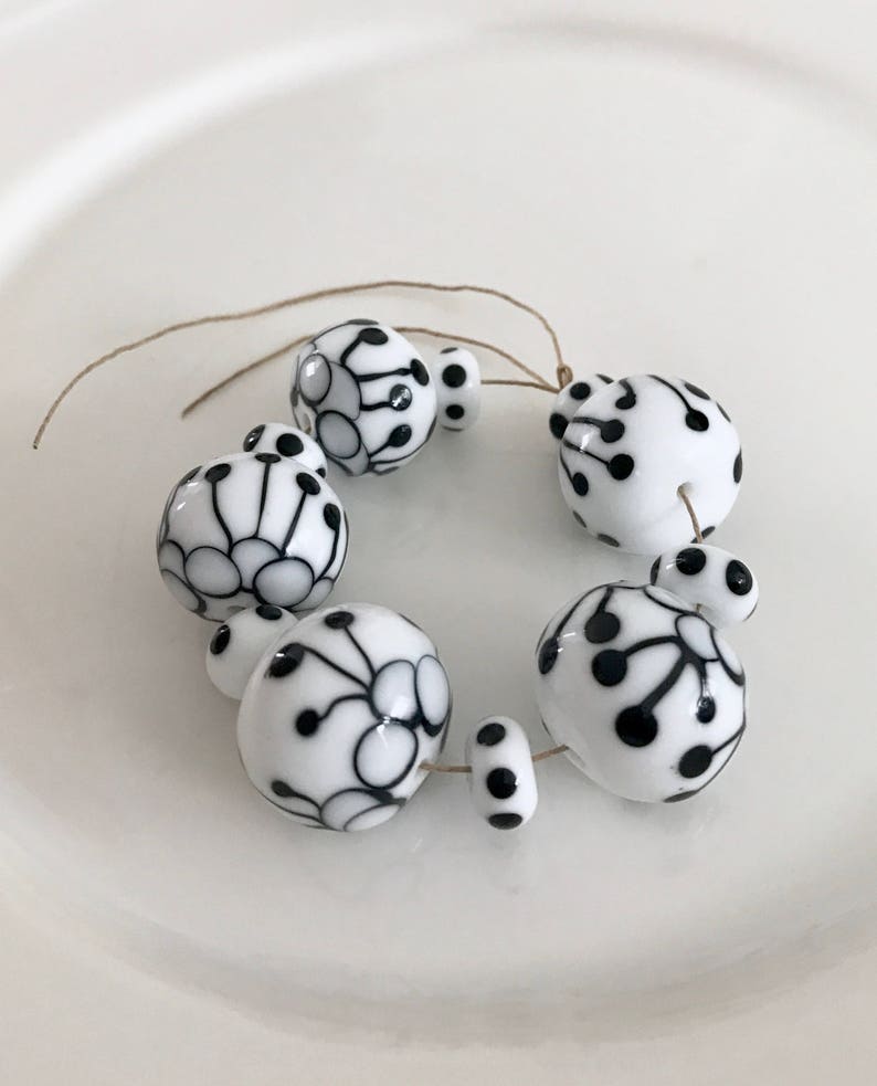 White black beads handmade lampwork set glass bead image 1