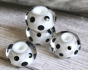 4+ pcs  Black White Polka Dot Lampwork glass beads, Black Dotted glass beads,