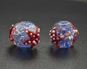 手作りランプワークガラスビーズ：青、赤、ヒトデデザイン（18 mm）