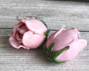 Buds pink rose - Handmade lampwork  glass bead - Lampwork Glass Rose Bud Bead - Glass Bud Bead - Glass Flower Bead