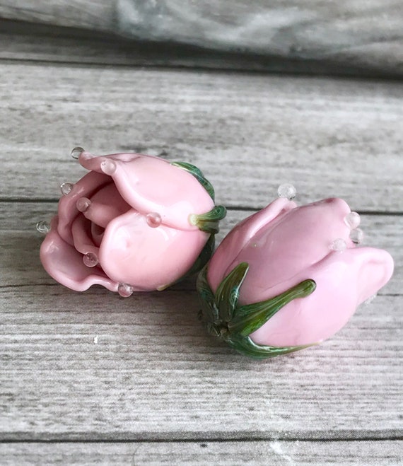 Buds Pink Rose Handmade Lampwork Glass Bead Lampwork Glass