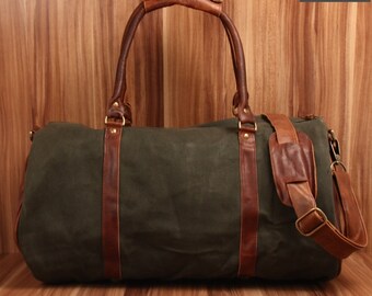 LECONI Weekender Travel Bag Borsa Sportiva Donna Uomo Bagaglio a Mano Donna Uomo vintage retrò naturale Pelle Tela verde LE2004-C