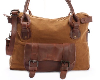 LECONI schoudertas handvat tas voor dames damestas voor vrije tijd, kantoor, alledaagse leren tas handtas leer canvas cognac LE0050-C