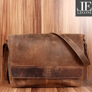 LECONI large shoulder bag messenger bag briefcase business bag leather vintage brown LE3064-vin