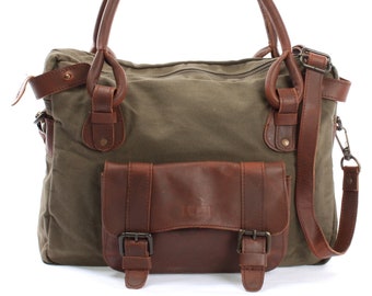 LECONI shoulder bag handle bag ladies bag brown shoulder bag women leisure natural leather bag handbag leather canvas green LE0050-C