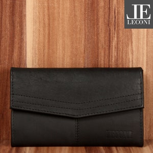 Carteira LECONI feminina masculina formato paisagem moderna carteira de couro legítimo feminina masculina couro natural preto LE9013-wax