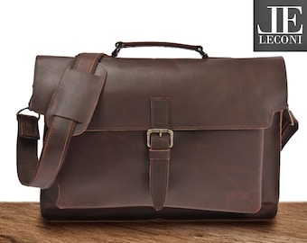 LECONI Aktentasche Businesstasche Messenger Bag Umhängetasche Vintage Leder braun LE3008-wax