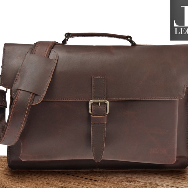 LECONI Aktentasche Businesstasche Messenger Bag Umhängetasche Vintage Leder braun LE3008-wax