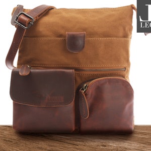 LECONI sac à bandoulière femme homme sac à bandoulière en cuir véritable sac pour femme femme homme aspect usé cuir toile cognac LE3011-C