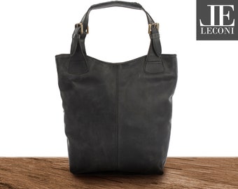 LECONI handle bag shopper pouch bag for women elegant leather bag women's bag soft natural leather vintage look gray LE0033-wax