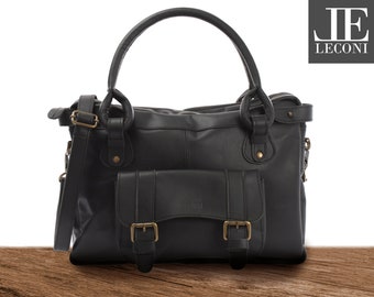 LECONI Schultertasche Henkeltasche für Frauen  Damentasche für Freizeit, Büro, Alltag Ledertasche Handtasche Leder schwarz LE0050-wax