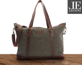 LECONI Weekender Reisetasche Echtleder braun Sporttasche Frauen Männer Shopper Schultertasche Damen Herren Leder Canvas grün LE2013-C