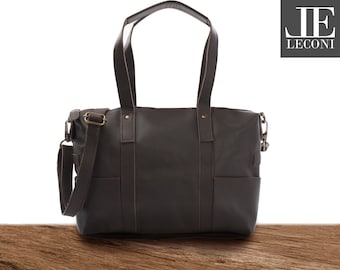 LECONI Shopper Schultertasche für Frauen Henkeltasche Umhängetasche leichte praktische Damentasche Vintage Leder dunkelbraun LE0034-wax