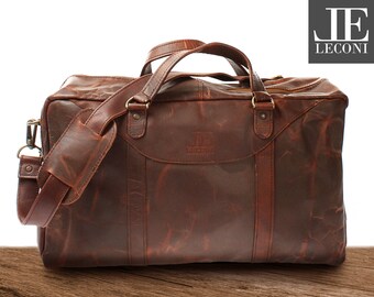 LECONI small travel bag leather bag weekender hand luggage women men leather brown LE2009-wax