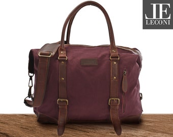 LECONI kleiner Weekender Echtleder braun Baumwolle rot Frauen Shopper Henkeltasche Damen Herren Leder Canvas bordeaux LE2006-C