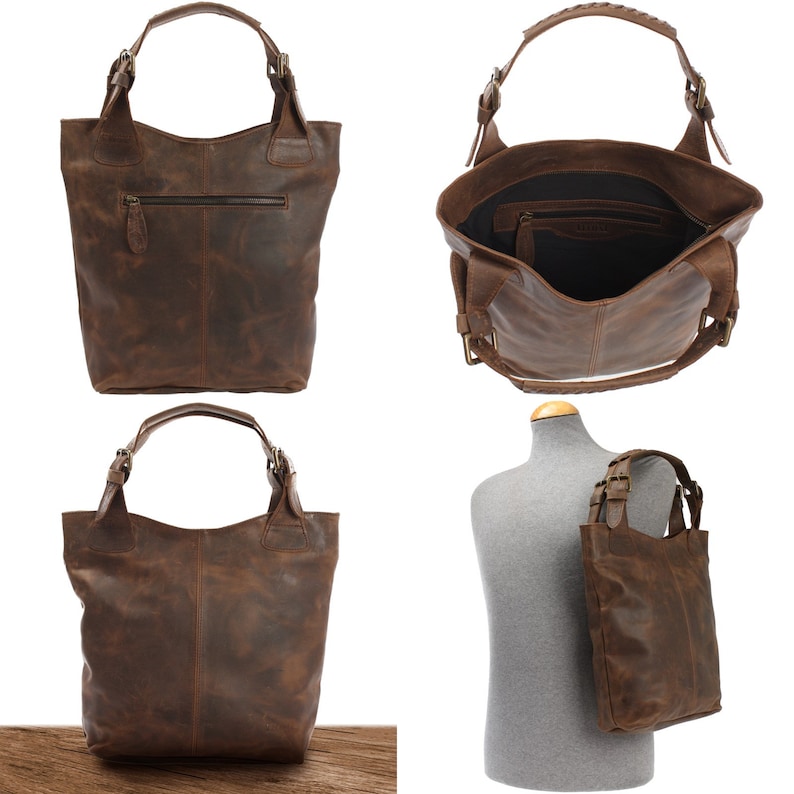 May include: A brown leather tote bag with a zippered pocket and adjustable straps. The bag is shown from different angles, including a view of the inside.