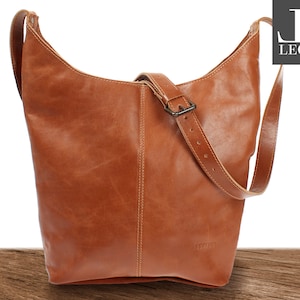 LECONI große Umhängetasche Schultertasche Damen Beuteltasche Damentasche Leder braun cognac LE0055-buf