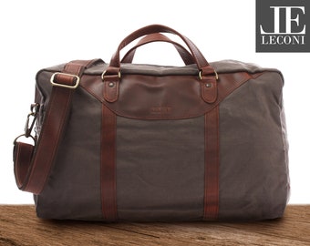 LECONI small travel bag weekender hand luggage women men sports bag ladies men leather canvas grey LE2009-C
