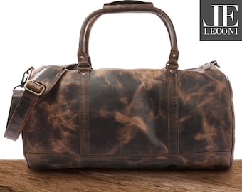 LECONI weekender travel bag sports bag real leather brown women fitness bag women men vintage retro natural leather mud LE2004-wax
