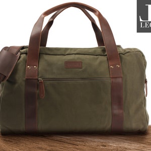 LECONI Weekender Echtleder braun Frauen Männer Handgepäck Henkeltasche Sporttasche Reisetasche Damen Herren Leder Canvas grün LE2014-C