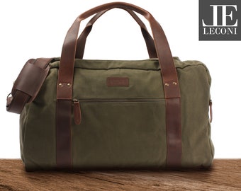 LECONI weekender real leather brown women men hand luggage handle bag sports bag travel bag women men leather canvas green LE2014-C