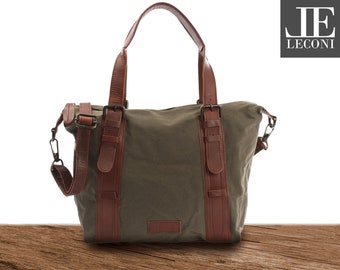 LECONI Schultertasche Henkeltasche für Frauen kleine Handtasche praktische Ledertasche Damentasche Canvas grün mit braunem Leder LE0049-C