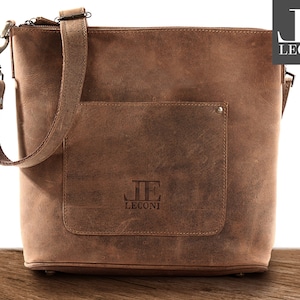 LECONI Umhängetasche Damen Schultertasche Damentasche Ledertasche Leder braun LE3067-vin
