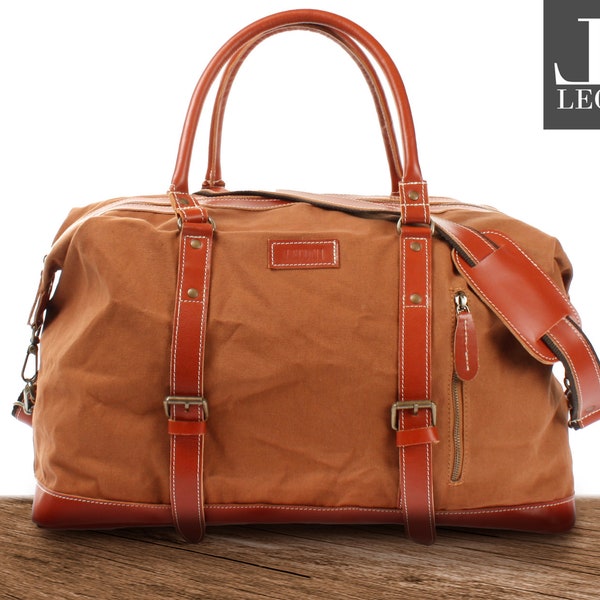 LECONI travel bag weekender hand luggage handle bag women men buffalo leather canvas cognac LE2010-C