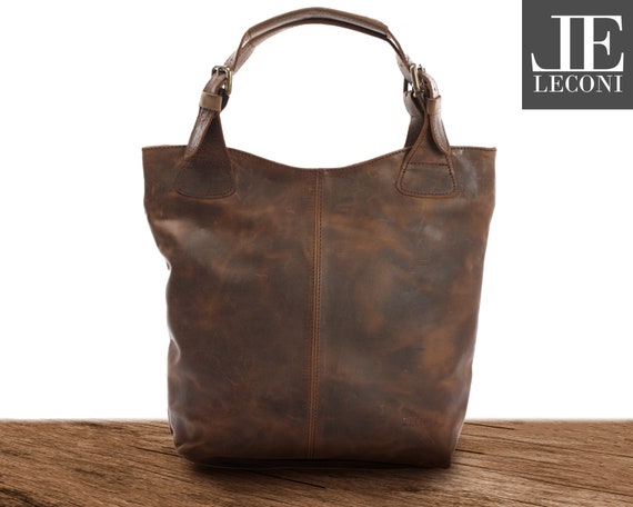 LECONI Henkeltasche Damentasche Shopper Damen Ledertasche für Büro, Schule und Freizeit Handtasche aus Leder vintage schlamm LE0033-wax