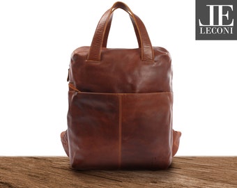 LECONI large backpack leather backpack leisure backpack women men leather brown LE1020-buf