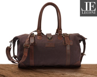 LECONI kleiner Weekender dunkelbraun Henkeltasche Handgepäck Echtleder braun Schultertasche Damen Herren Leder Canvas mokka LE2008-C