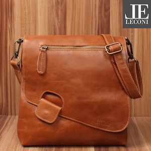 LECONI Umhängetasche Ledertasche Schultertasche Damentasche Herrentasche Echtleder Frauen Männer natur Leder cognac LE3027-buf