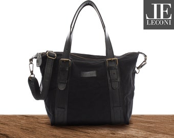 LECONI Shoulder Bag Handle Bag Handbag Modern Shoulder Bag Women Cotton Leather Bag Women's Bag Leather Canvas black LE0049-C