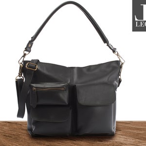 LECONI Shoulder Bag Practical Shoulder Bag for Women Leather Bag Fashionable Women's Bag Vintage Look Natural Leather Black LE0039-wax