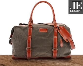 LECONI Travel Bag Weekender Hand Luggage Handbag Women Men Buffalo Leather Canvas Grey LE2010-C