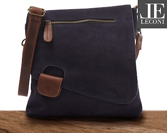 LECONI Umhängetasche Ledertasche Schultertasche braun Damentasche Herrentasche Echtleder Frauen Männer natur Leder Wildleder navy LE3027-VL