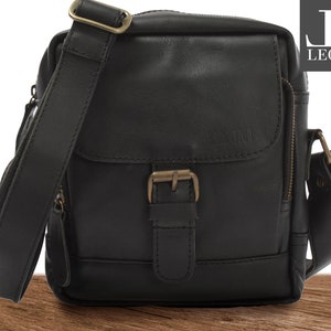 LECONI petit sac à bandoulière sac à bandoulière hommes femmes en cuir véritable sac pour hommes sac de loisirs en cuir souple noir LE3042-wax