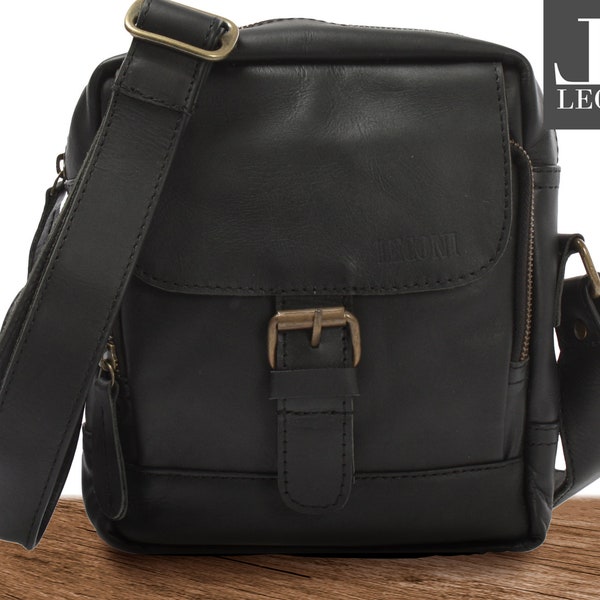 LECONI small shoulder bag shoulder bag men women genuine leather men's bag leisure bag soft leather black LE3042-wax
