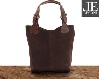 LECONI Henkeltasche Shopper für Frauen Beuteltasche Ledertasche Damentasche weiches Veloursleder Wildleder dunkelbraun braun  LE0033-VL