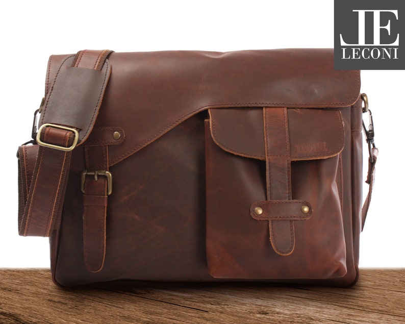 LECONI messenger bag college bag DIN A4 courier bag leather bag women's men's bag shoulder bag school bag leather brown LE3032-wax image 1