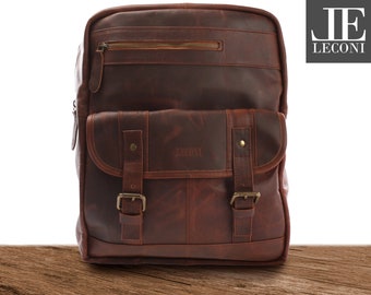 LECONI backpack real leather city backpack leisure women leather backpack leisure backpack hiking backpack women men leather brown LE1018-wax