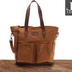 LECONI XXL Shopper Beuteltasche Einkaufstasche Baumwolle Schultertasche Damentasche Orange Frauen Umhängetasche Canvas Leder cognac LE0040-C