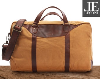 LECONI petit sac de voyage homme femme petit sac de sport week-end bagage à main femme homme cuir toile cognac LE2009-C